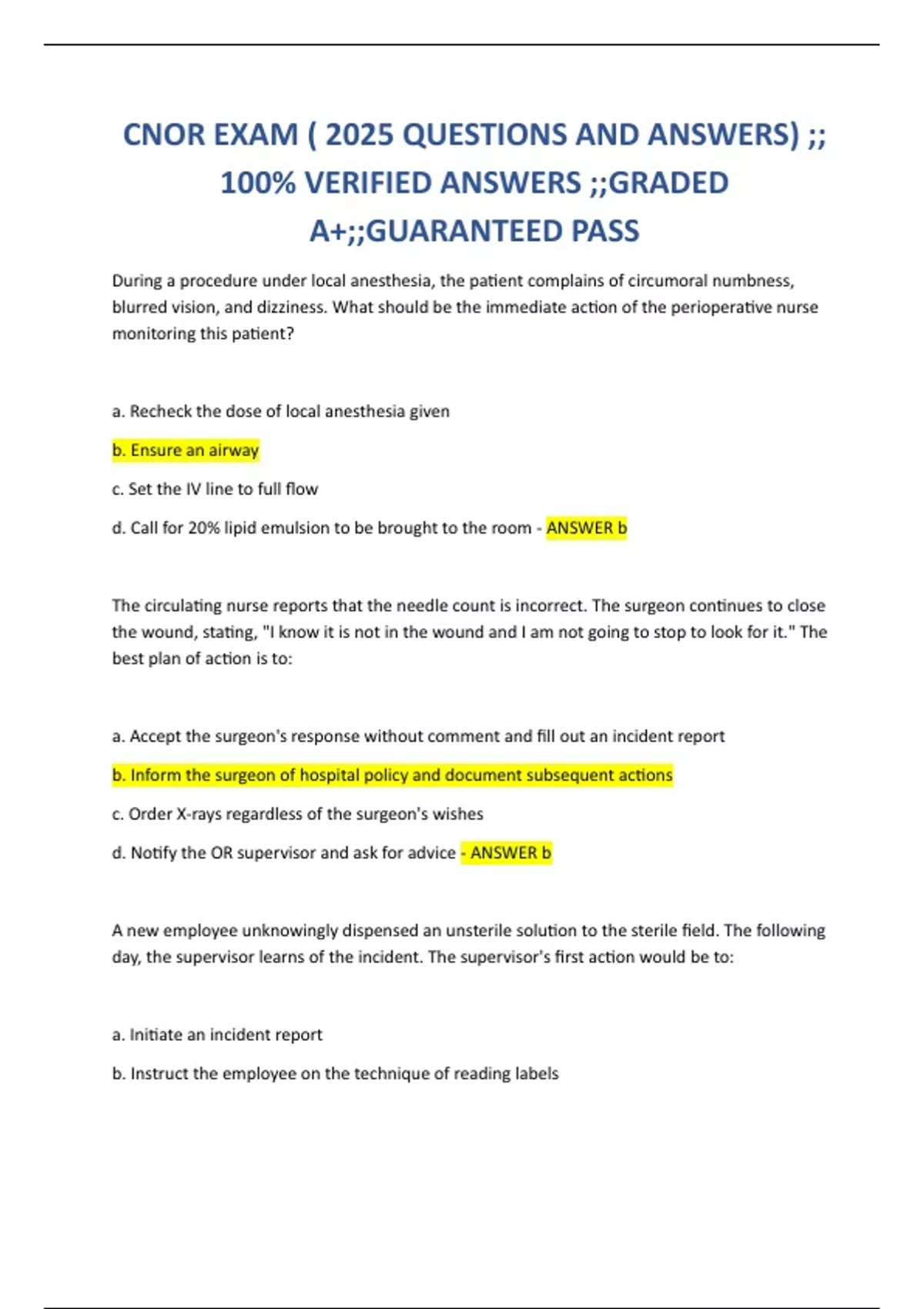 CNOR EXAM ( 2025 QUESTIONS AND ANSWERS) ;; 100% VERIFIED ANSWERS ...