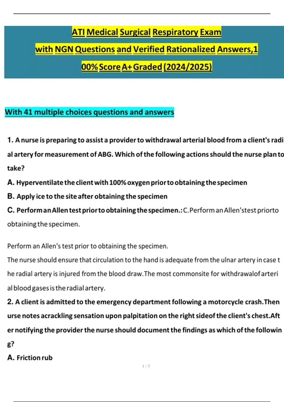 Ati medical surgical respiratory exam 2 - Ati medical surgical - Stuvia US