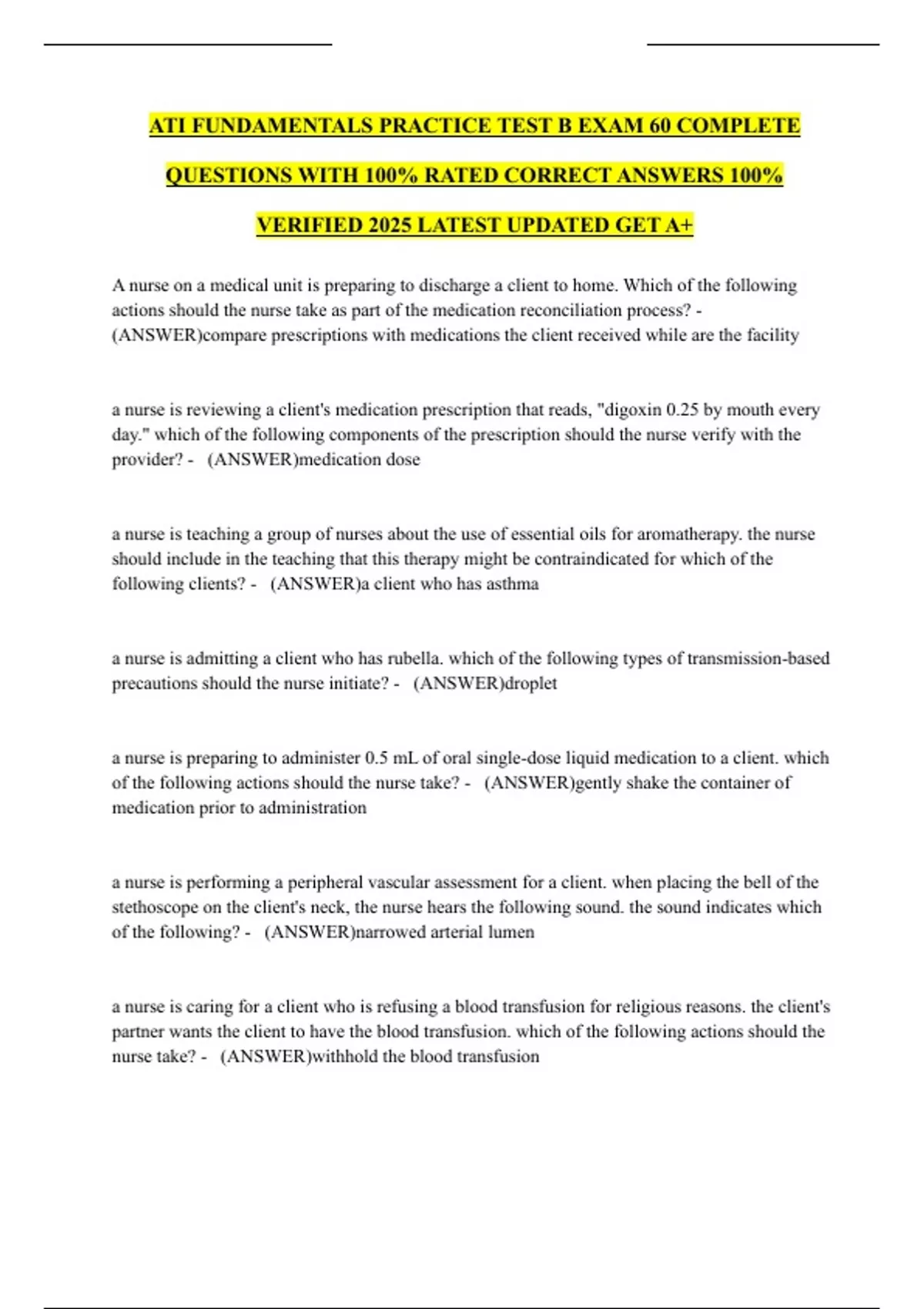 ATI FUNDAMENTALS PRACTICE TEST B EXAM 60 COMPLETE QUESTIONS WITH 100% ...