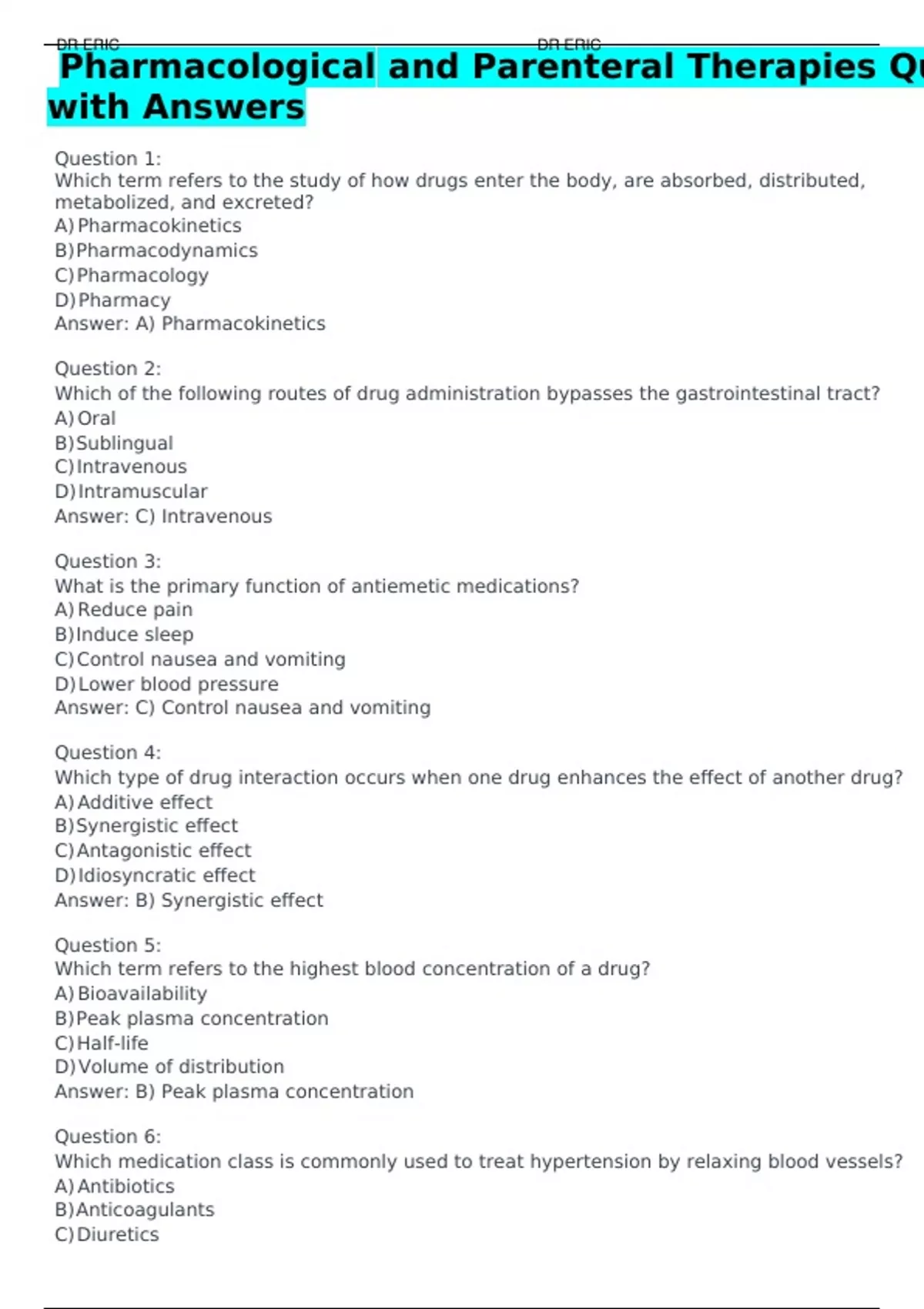 Pharmacological and Parenteral Therapies Questions with Answers ...