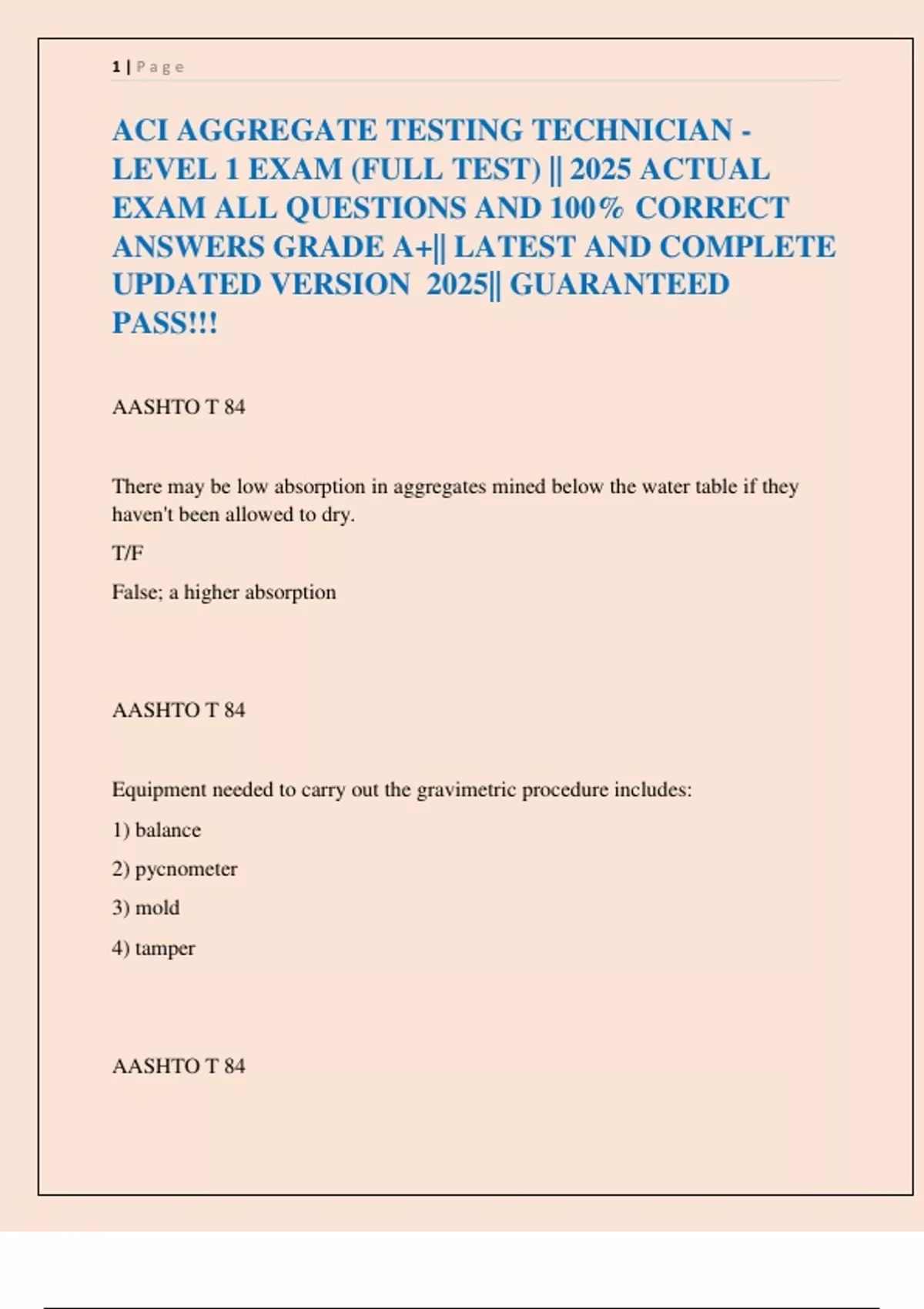 ACI AGGREGATE TESTING TECHNICIAN - LEVEL 1 EXAM (FULL TEST) || 2025 ...
