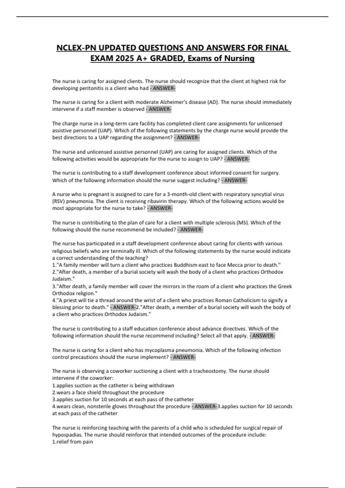 NCLEX-PN UPDATED QUESTIONS AND ANSWERS FORFINAL EXAM2025 A+GRADED ...