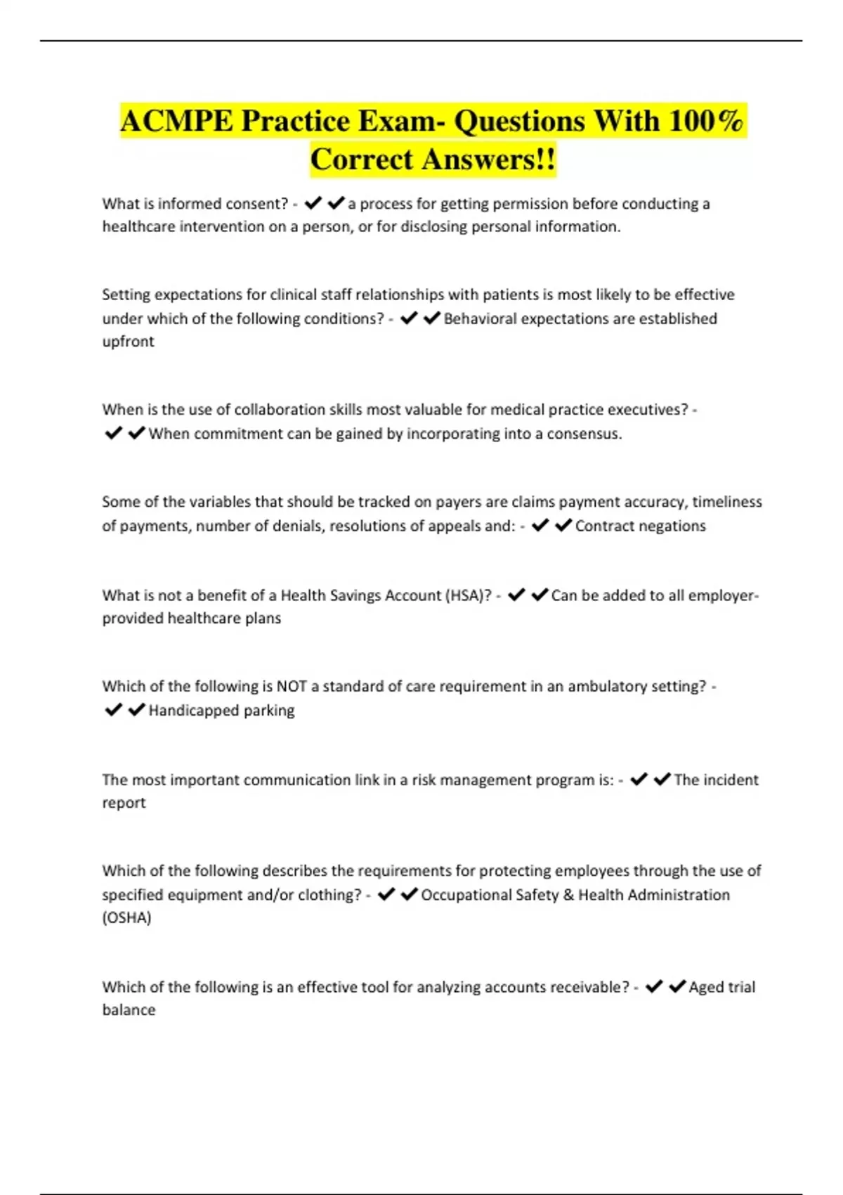 ACMPE Practice Exam- Questions With 100% Correct Answers!! - Class 2 ...