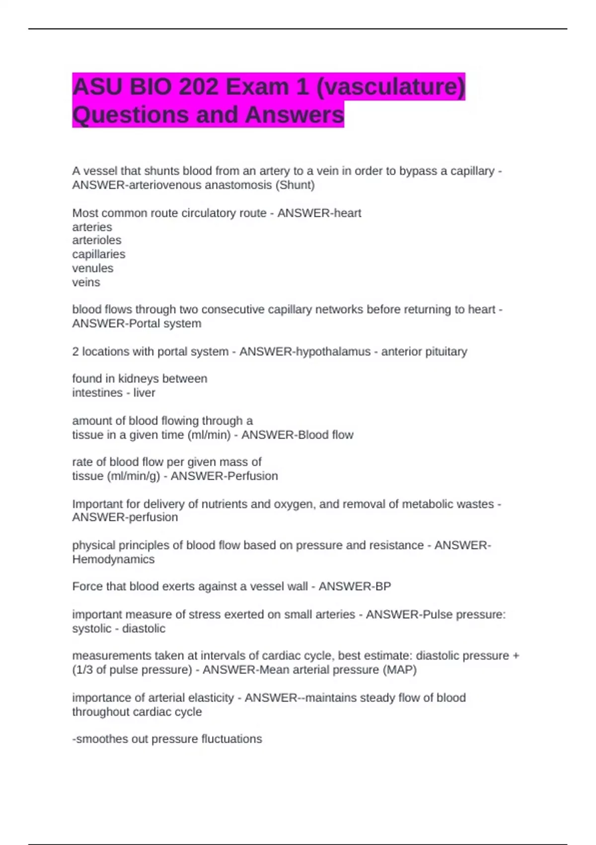 ASU BIO 202 Exam 1 (vasculature) Questions and Answers - Biology 202 ...