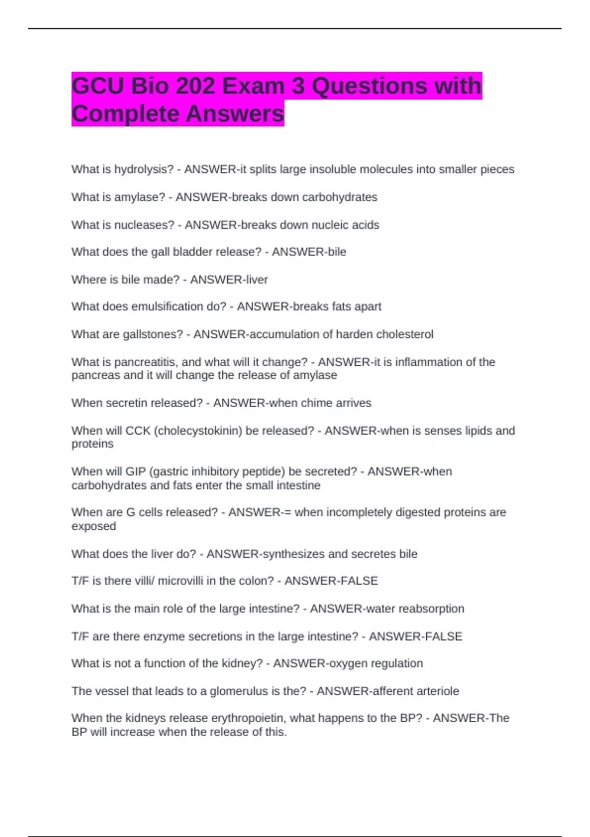 GCU Bio 202 Exam 3 Questions with Complete Answers - Biology 202 ...