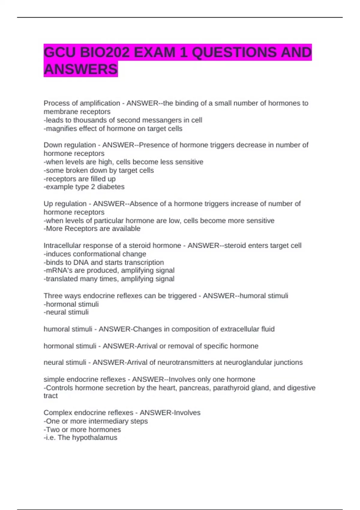 GCU BIO202 EXAM 1 QUESTIONS AND ANSWERS - Biology 202 - Stuvia US