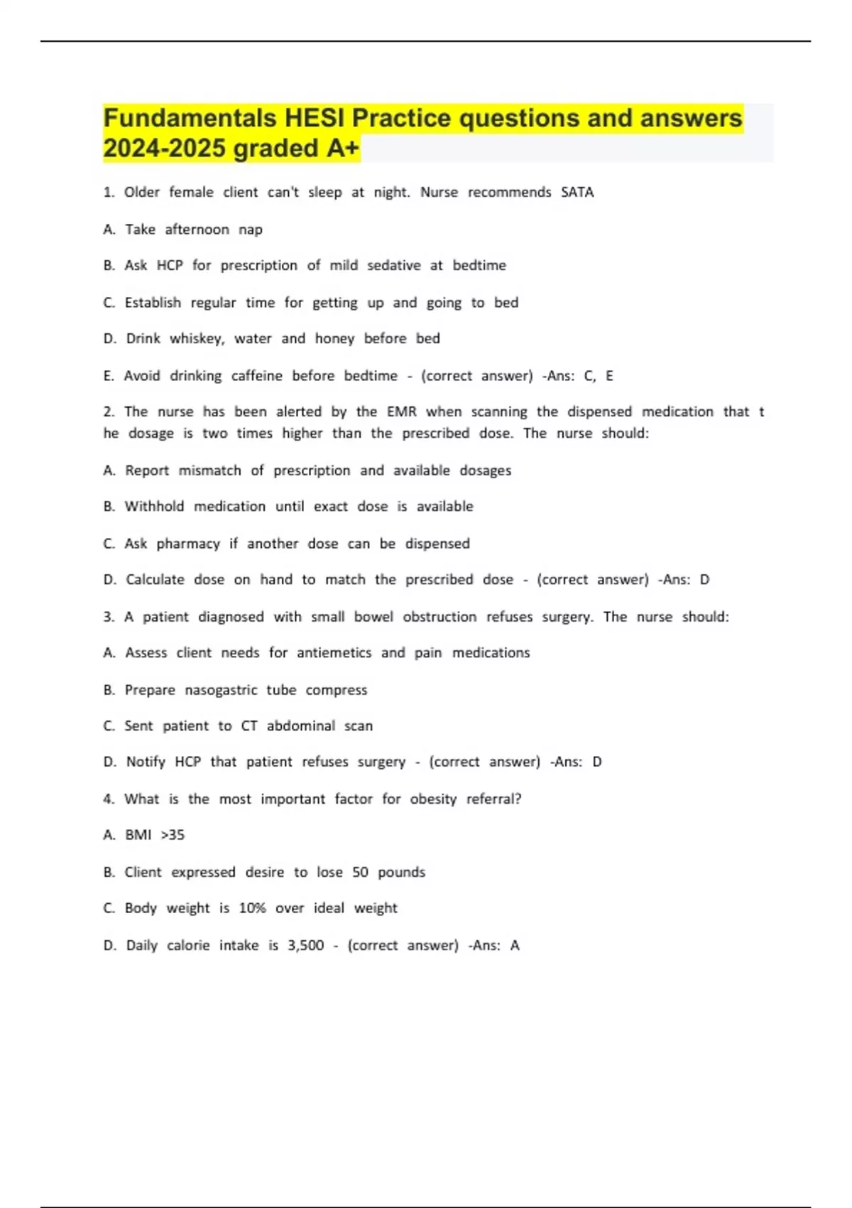 Fundamentals HESI Practice questions and answers graded A+ - HESI Fundamentals - Stuvia US