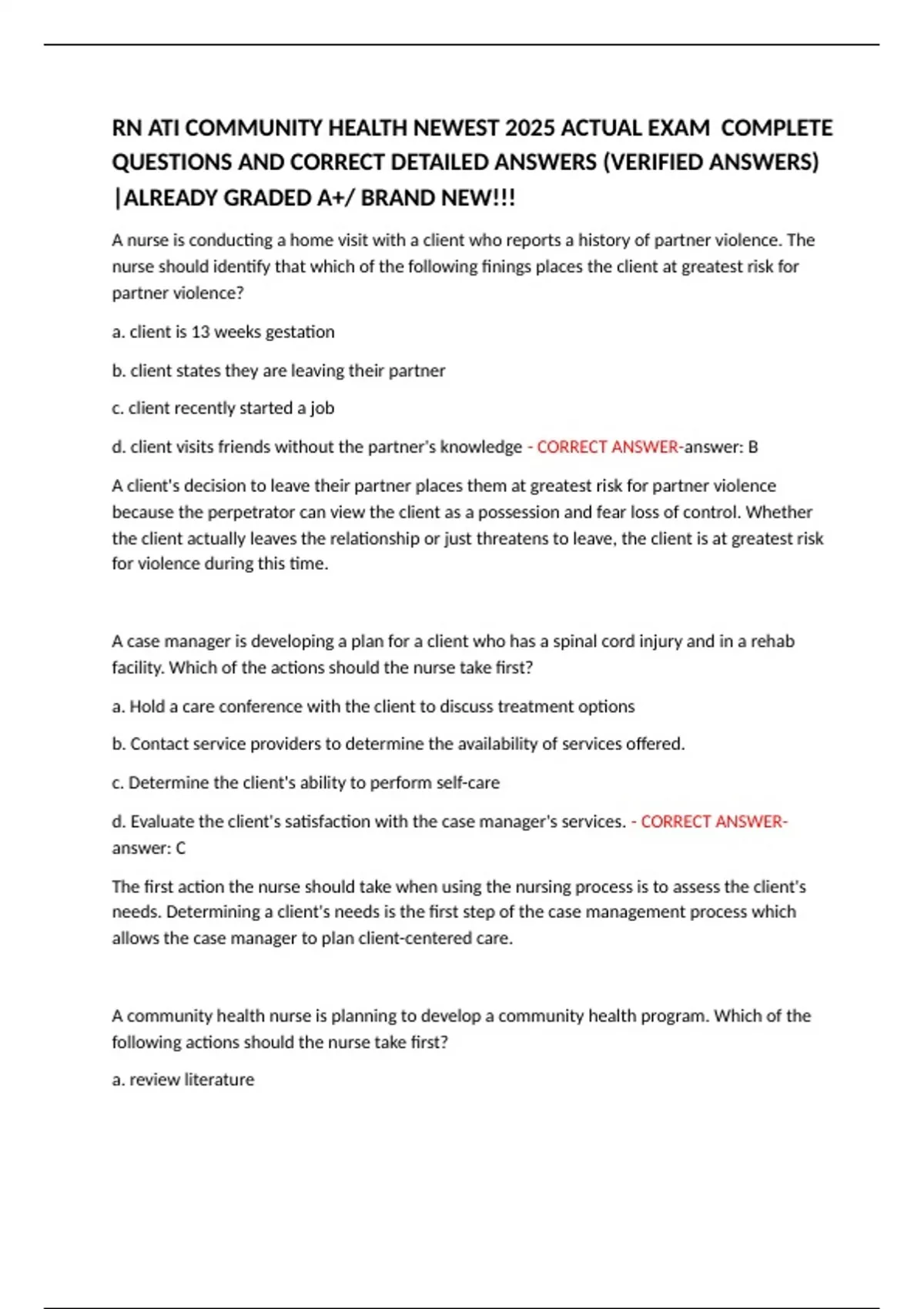 Rn Ati Community Health Newest 2025 Actual Exam Complete Questions And