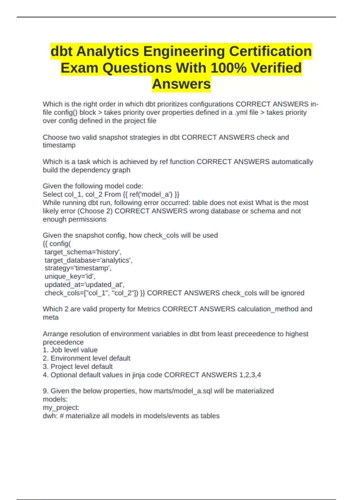 Engineer Certification Test dbt Analytics Engineering Certification Exam Questions With 100% ...