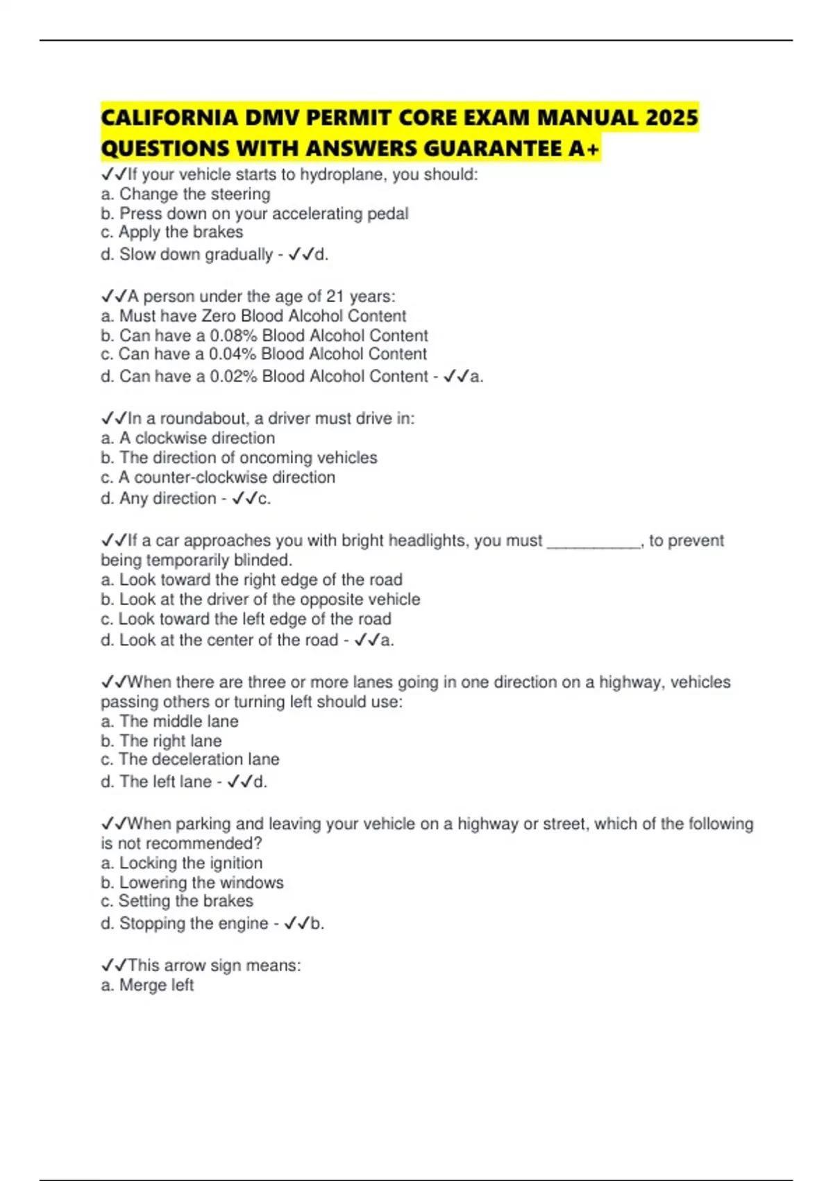 CALIFORNIA DMV PERMIT CORE EXAM MANUAL 2025 QUESTIONS WITH ANSWERS ...