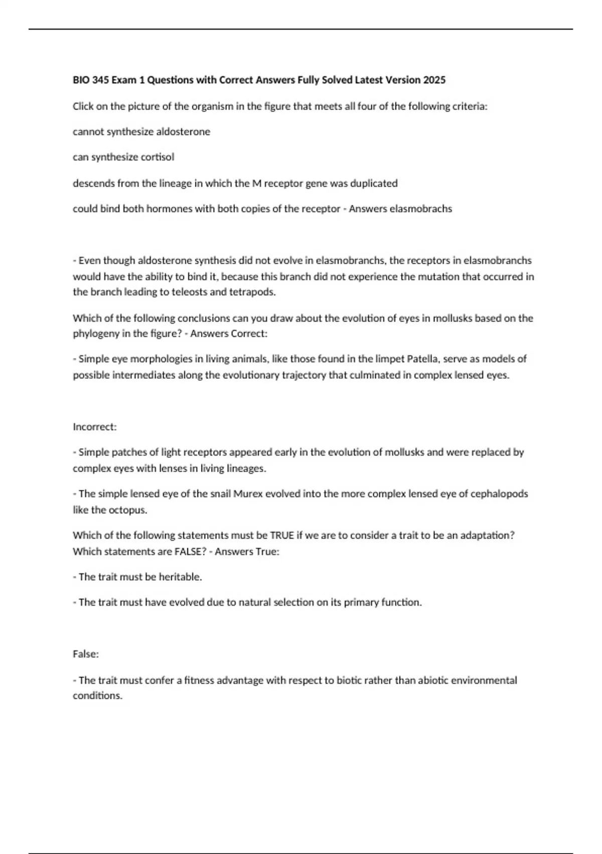 BIO 345 Exam 1 Questions with Correct Answers Fully Solved Latest ...