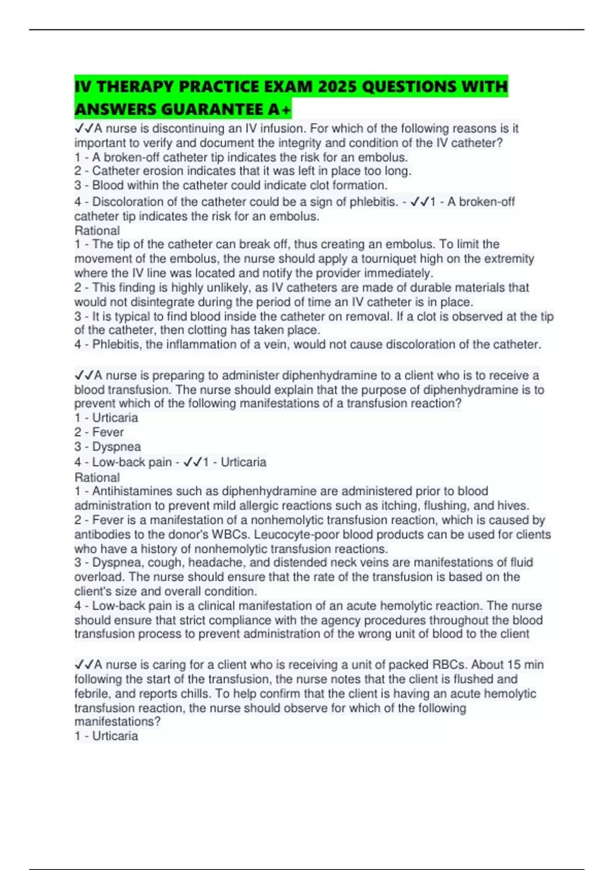Sample Iv Questions IV THERAPY PRACTICE EXAM 2025 QUESTIONS WITH ANSWERS GUARANTEE A+ ...
