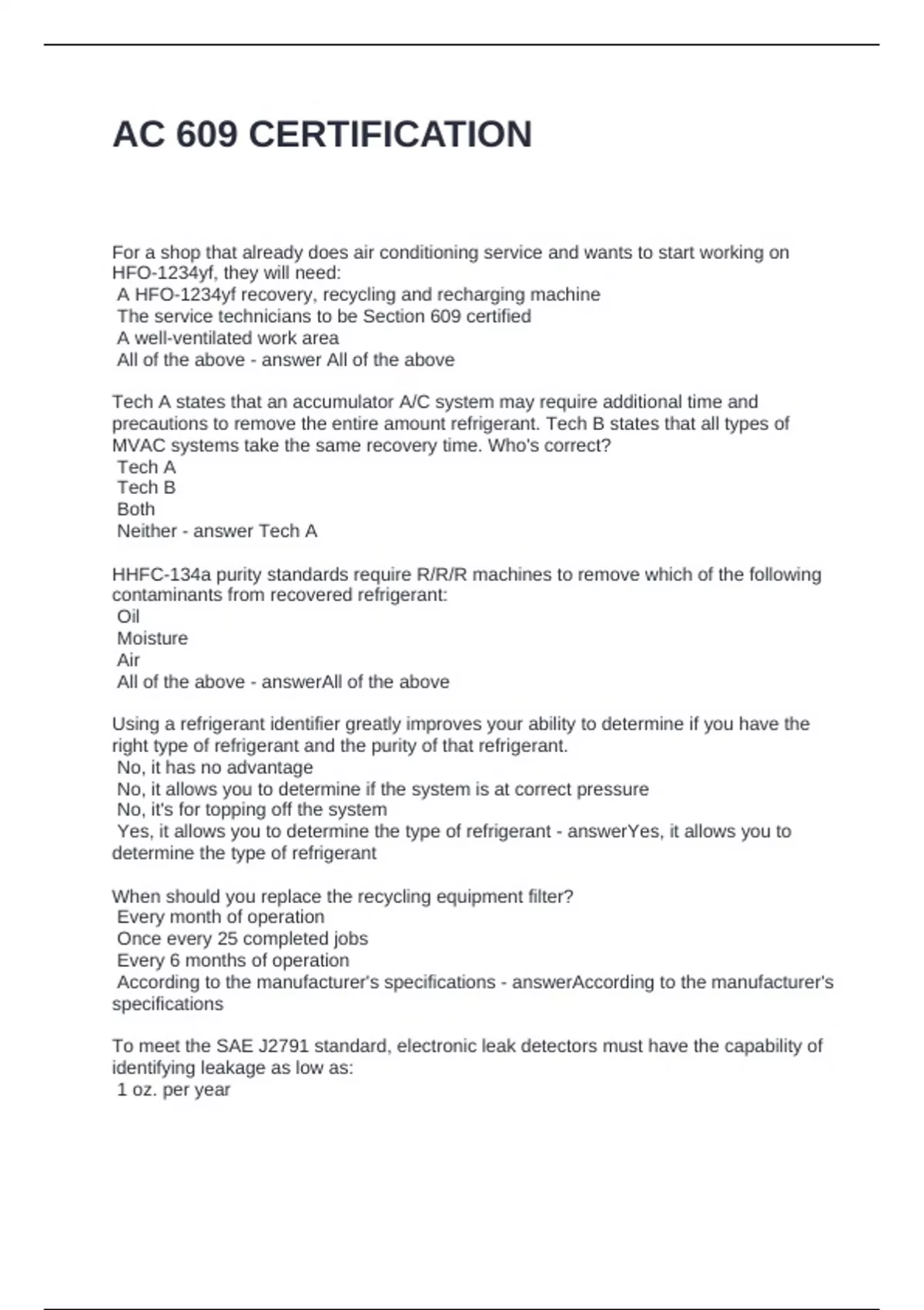 AC 609 CERTIFICATION QUESTIONS AND ANSWERS 100% CORRECT EPA 609