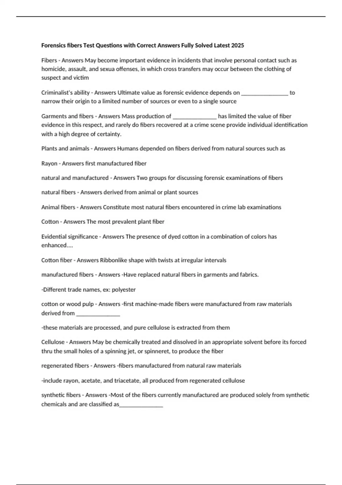 Forensics fibers Test Questions with Correct Answers Fully Solved ...