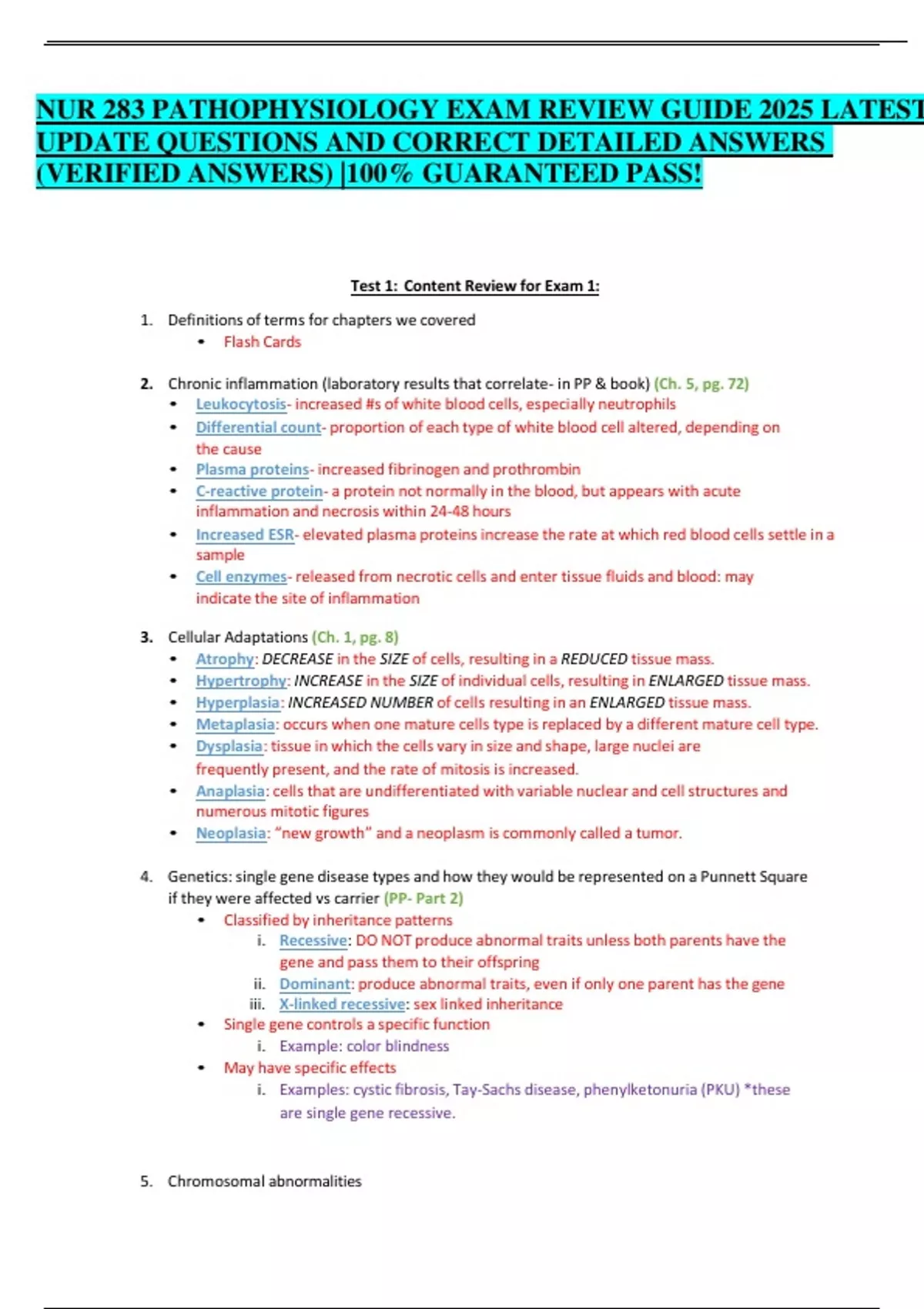 NUR 283 PATHOPHYSIOLOGY EXAM REVIEW GUIDE 2025 LATEST UPDATE QUESTIONS ...