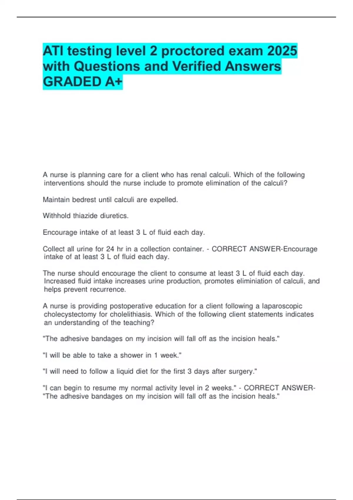 ATI testing level 2 proctored exam 2025 with Questions and Verified ...