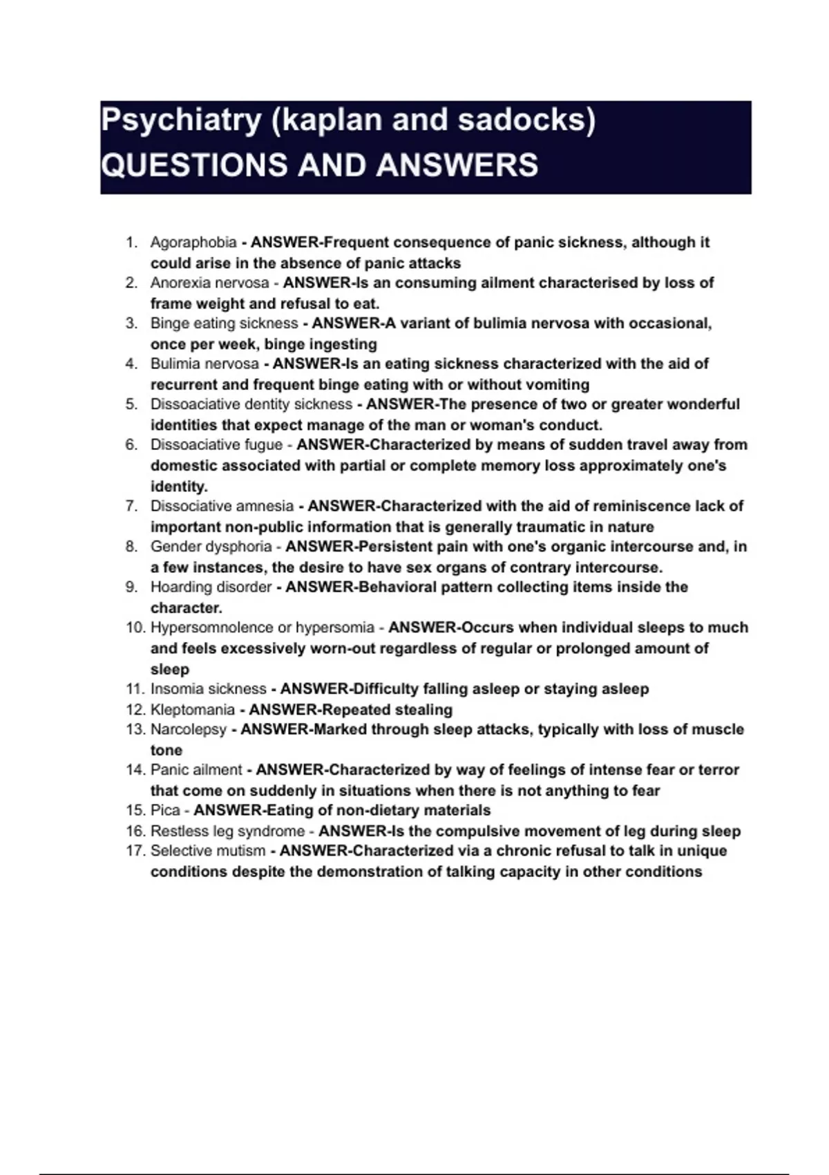 KAPLAN AND SADOCK QUESTIONS AND ANSWERS - Stuvia US