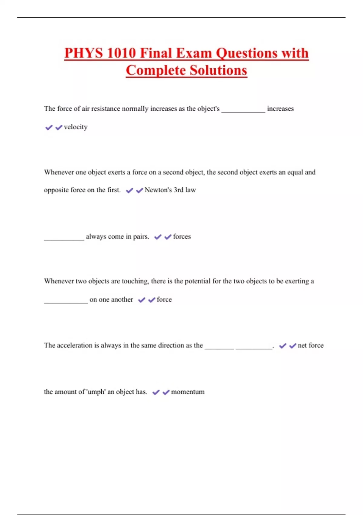 PHYS 1010 Final Exam Questions with Complete Solutions - PHYS1010 ...