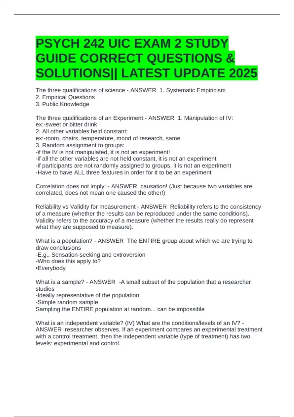 PSYCH 242 UIC EXAM 2 STUDY GUIDE CORRECT QUESTIONS & SOLUTIONS|| LATEST ...
