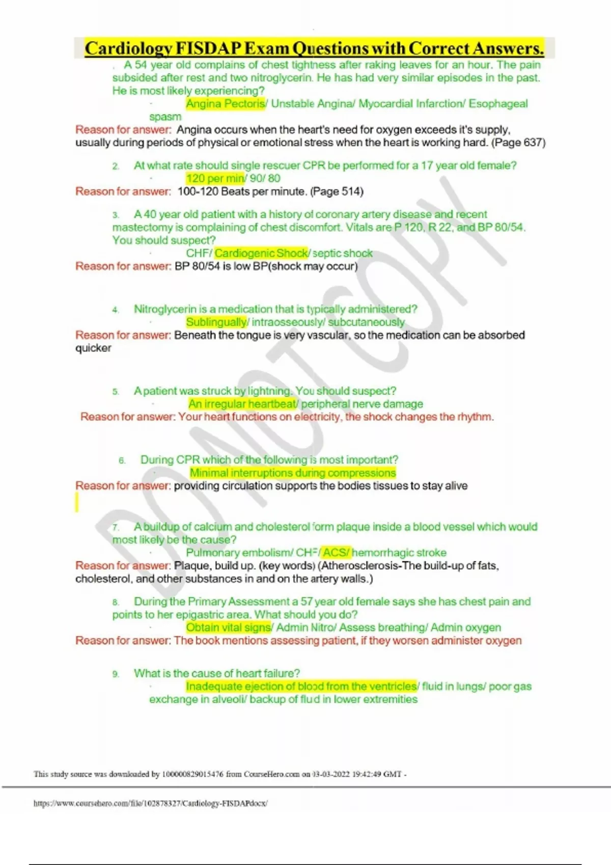 Cardiology FISDAP Exam Questions with Correct Answers. - Cardiology ...
