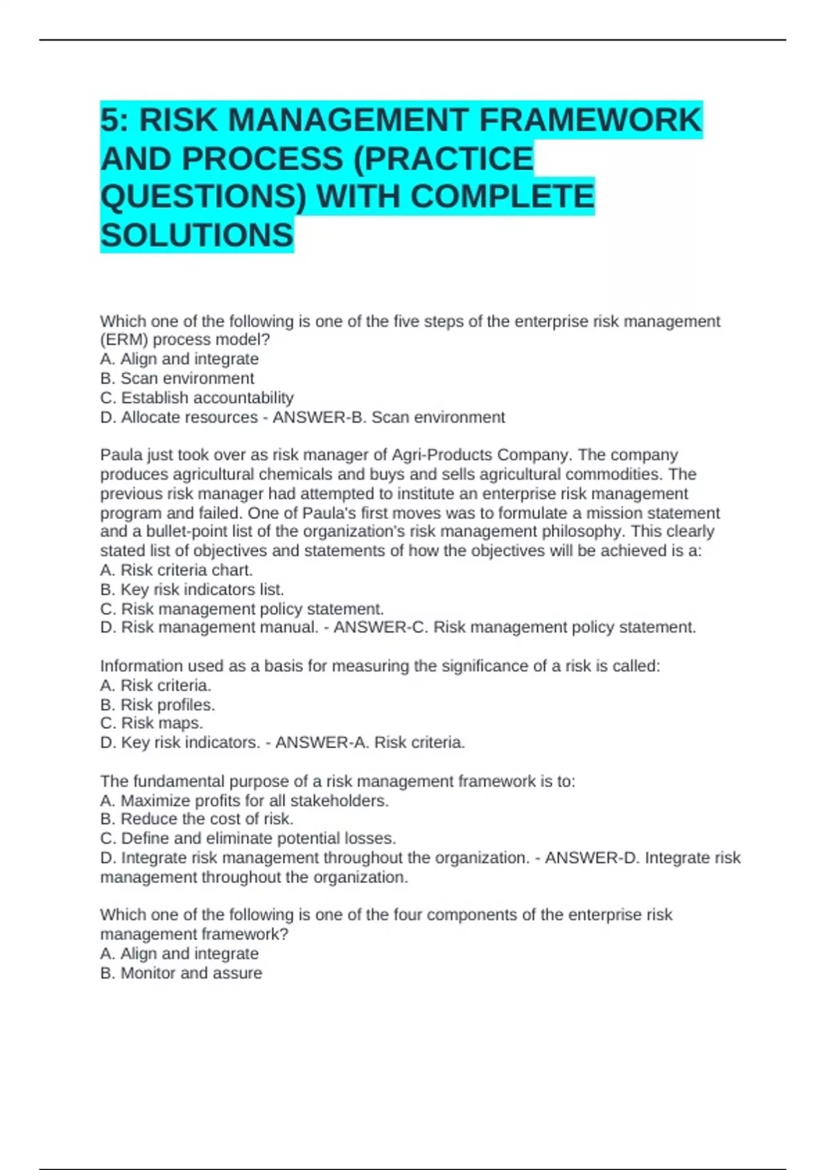 5: RISK MANAGEMENT FRAMEWORK AND PROCESS (PRACTICE QUESTIONS) WITH ...
