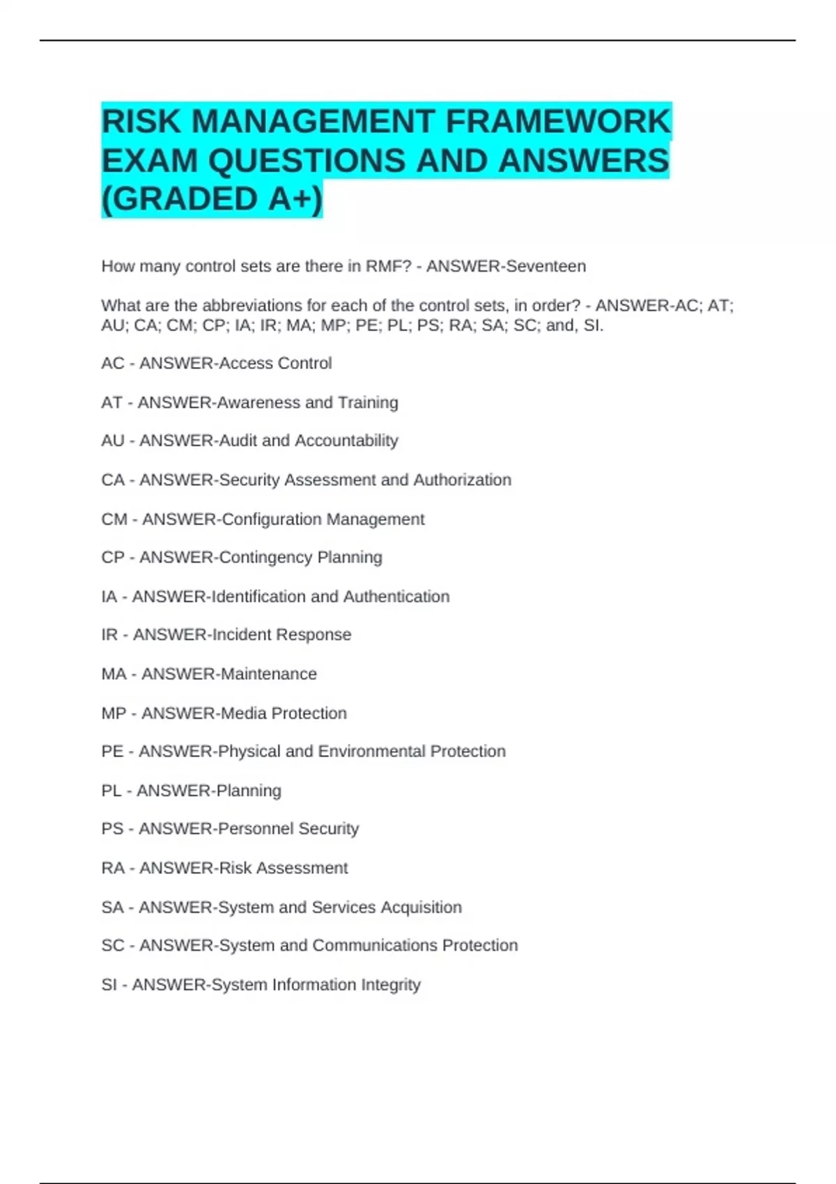 RISK MANAGEMENT FRAMEWORK EXAM QUESTIONS AND ANSWERS (GRADED A+) - RISK ...