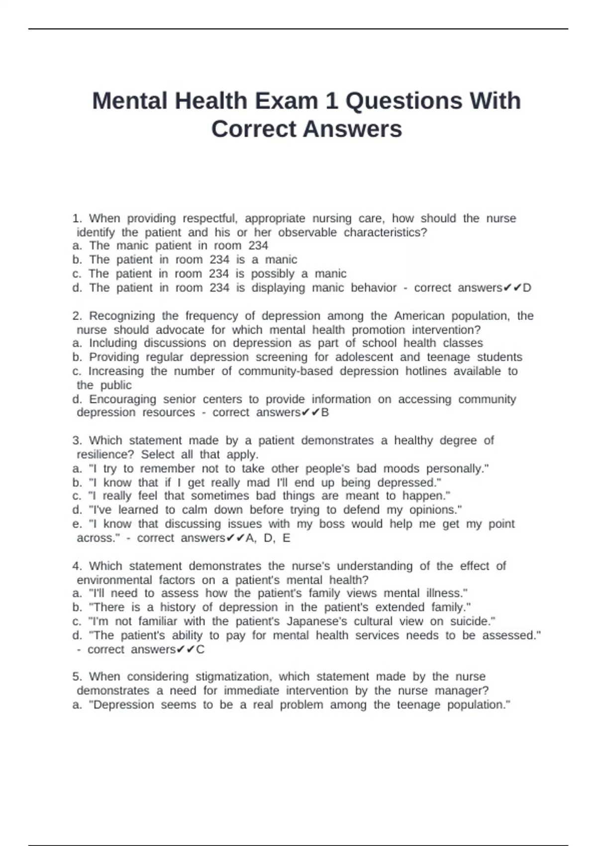 Mental Health Exam 1 Questions With Correct Answers - MENTAL HEALTH ...