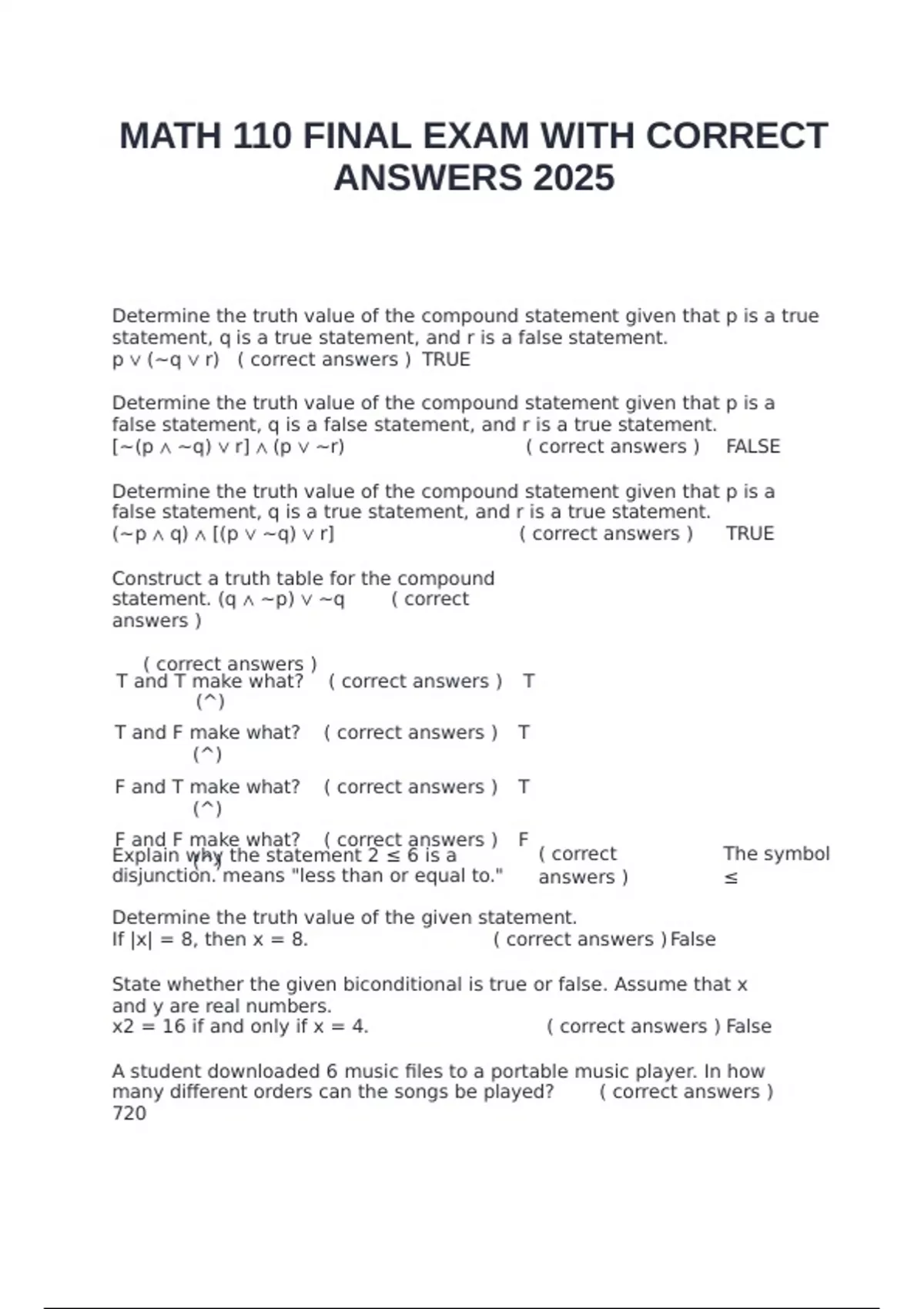 Final Answer For Math MATH 110 FINAL EXAM WITH CORRECT ANSWERS 2025 - MATH 110 FINA - Stuvia US