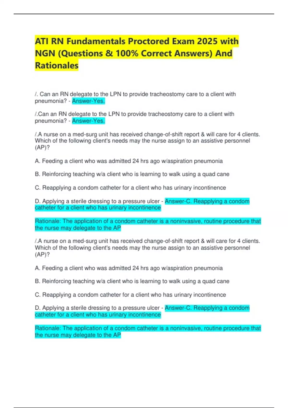 ATI RN Fundamentals Proctored Exam 2025 with NGN (Questions & 100% ...