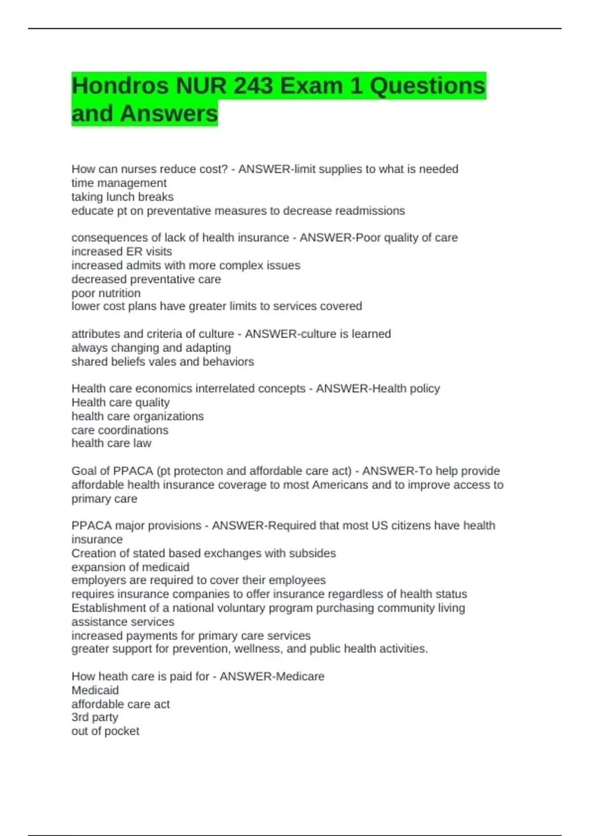 Hondros NUR 243 Exam 1 Questions and Answers - NUR 243 - Stuvia US