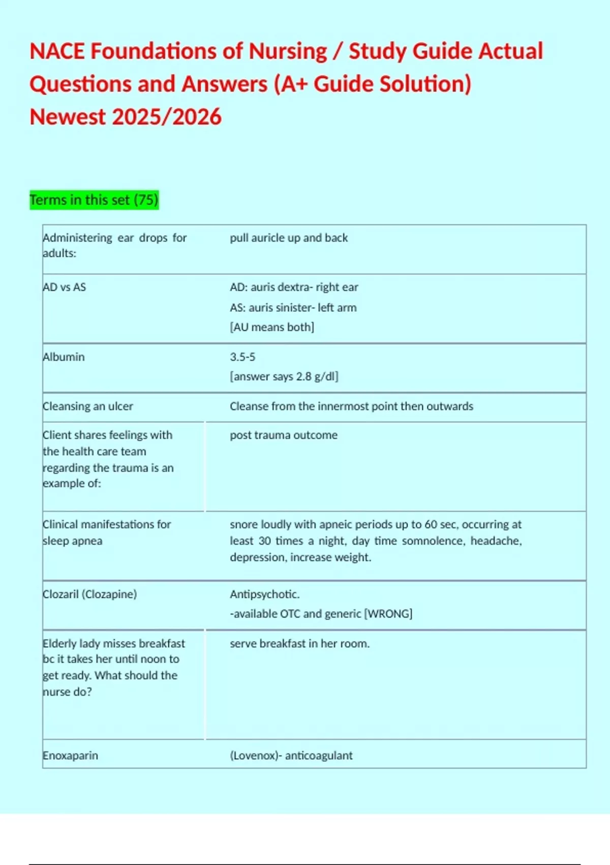 NACE Foundations of Nursing / Study Guide Actual Questions and Answers ...