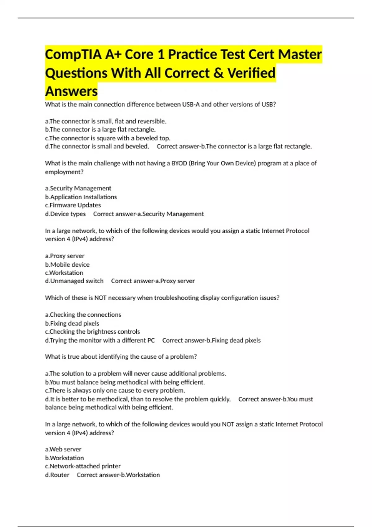 CompTIA A+ Core 1 Practice Test Cert Master Questions With All Correct ...