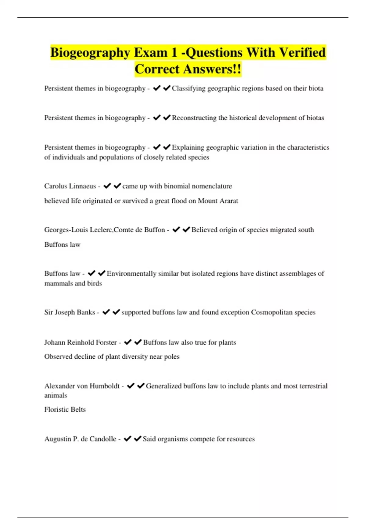 Biogeography Exam 1 -Questions With Verified Correct Answers ...