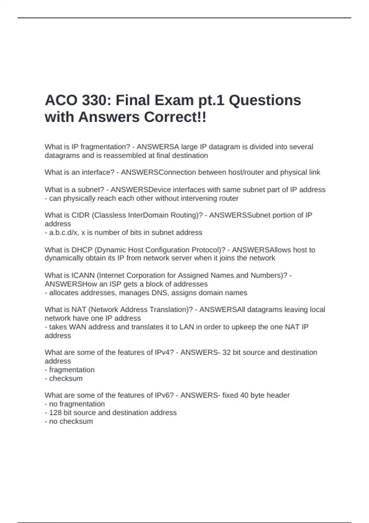 ACO 330: Final Exam pt.1 Questions with Answers Correct!! - ACO 330 ...