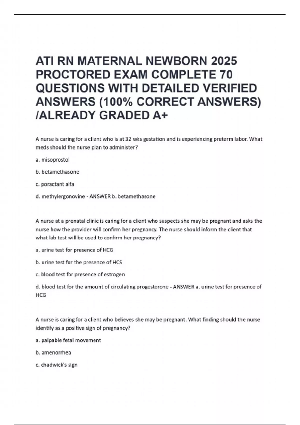 ATI RN MATERNAL NEWBORN 2025 PROCTORED EXAM COMPLETE 70 QUESTIONS WITH ...