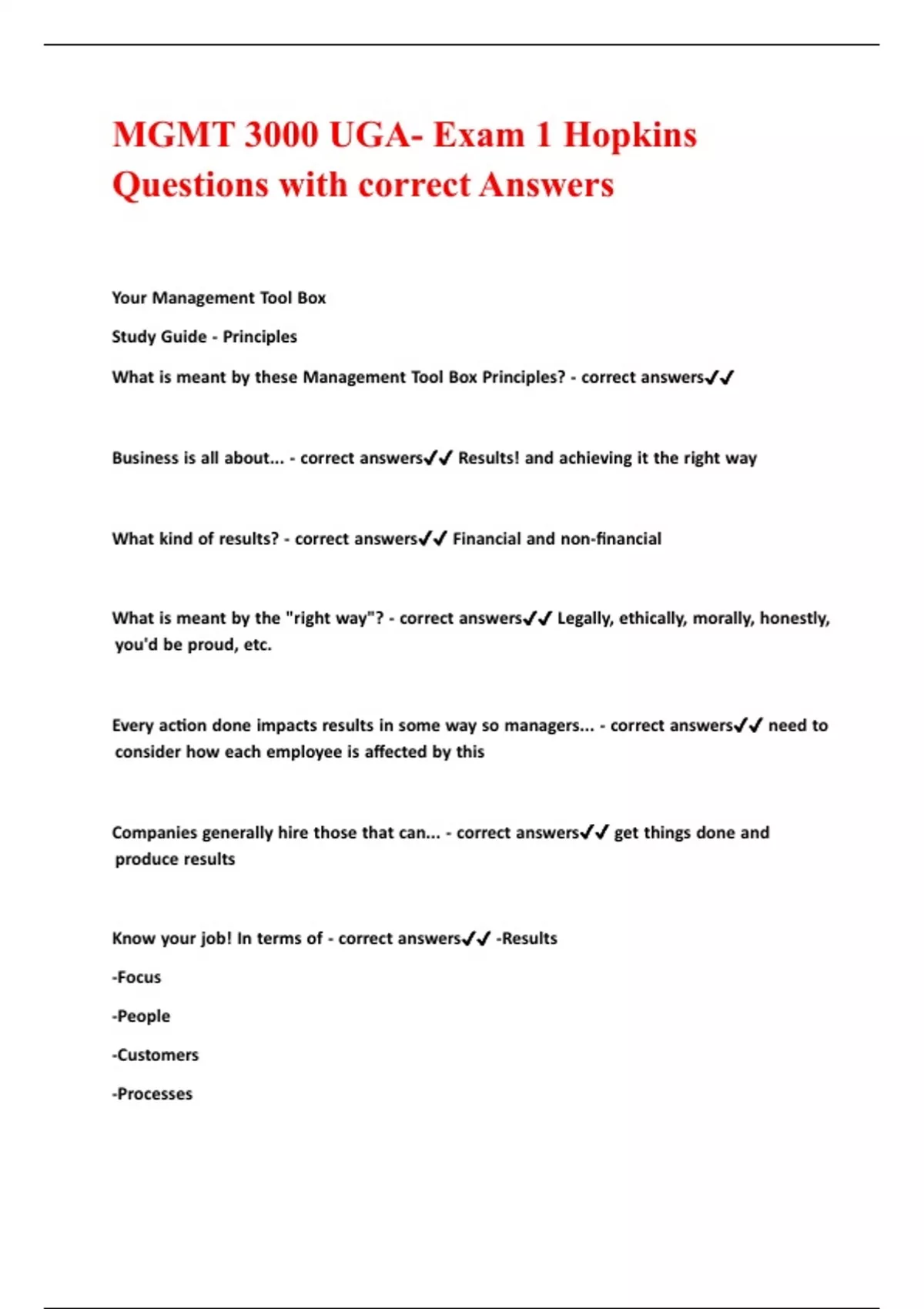 MGMT 3000 UGA- Exam 1 Hopkins Questions with correct Answers - Mgmt ...
