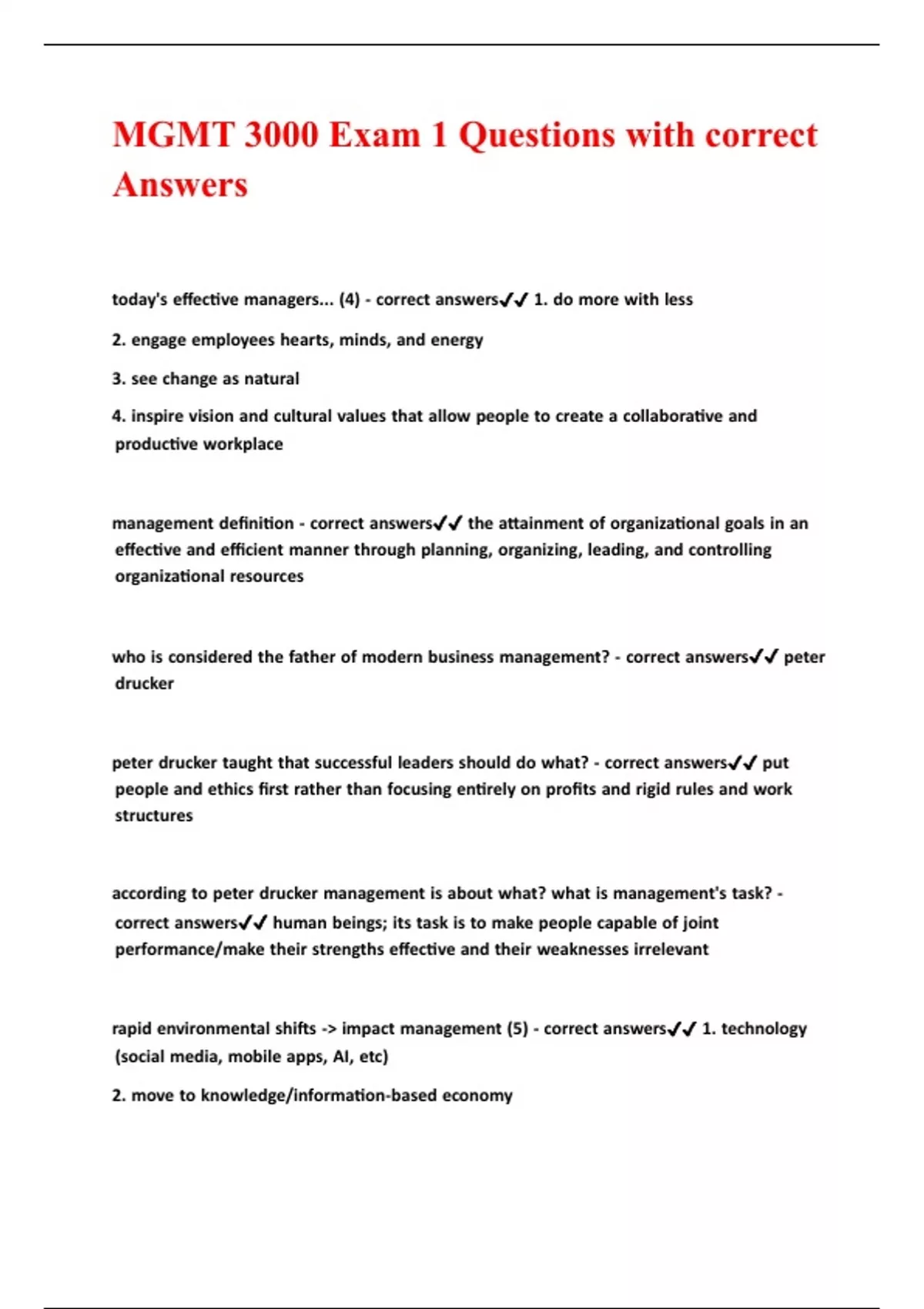 MGMT 3000 Exam 1 Questions with correct Answers - Mgmt - Stuvia US
