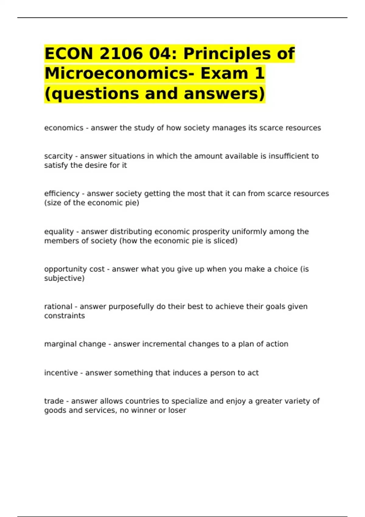 ECON 2106 04 Principles of Microeconomics- Exam 1 (questions and ...