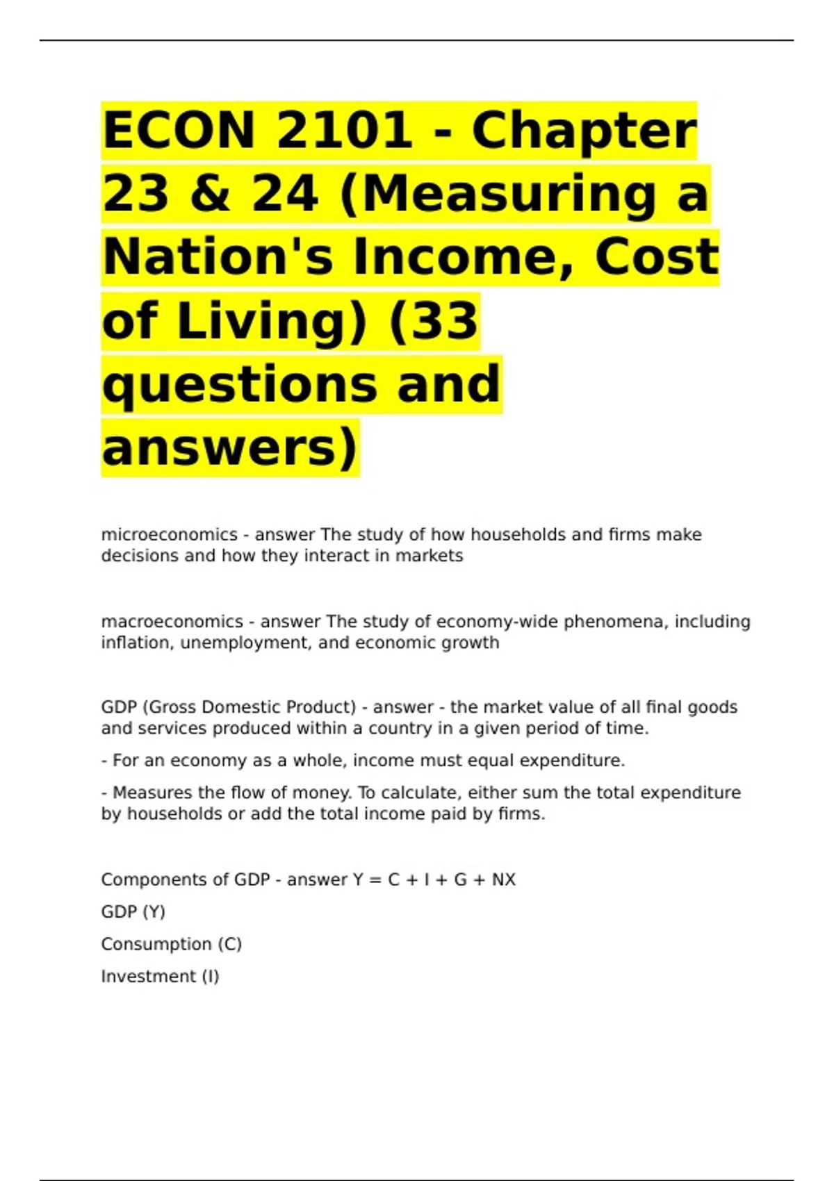 ECON 2101 - Chapter 23 & 24 (Measuring a Nation-s Income, Cost of ...