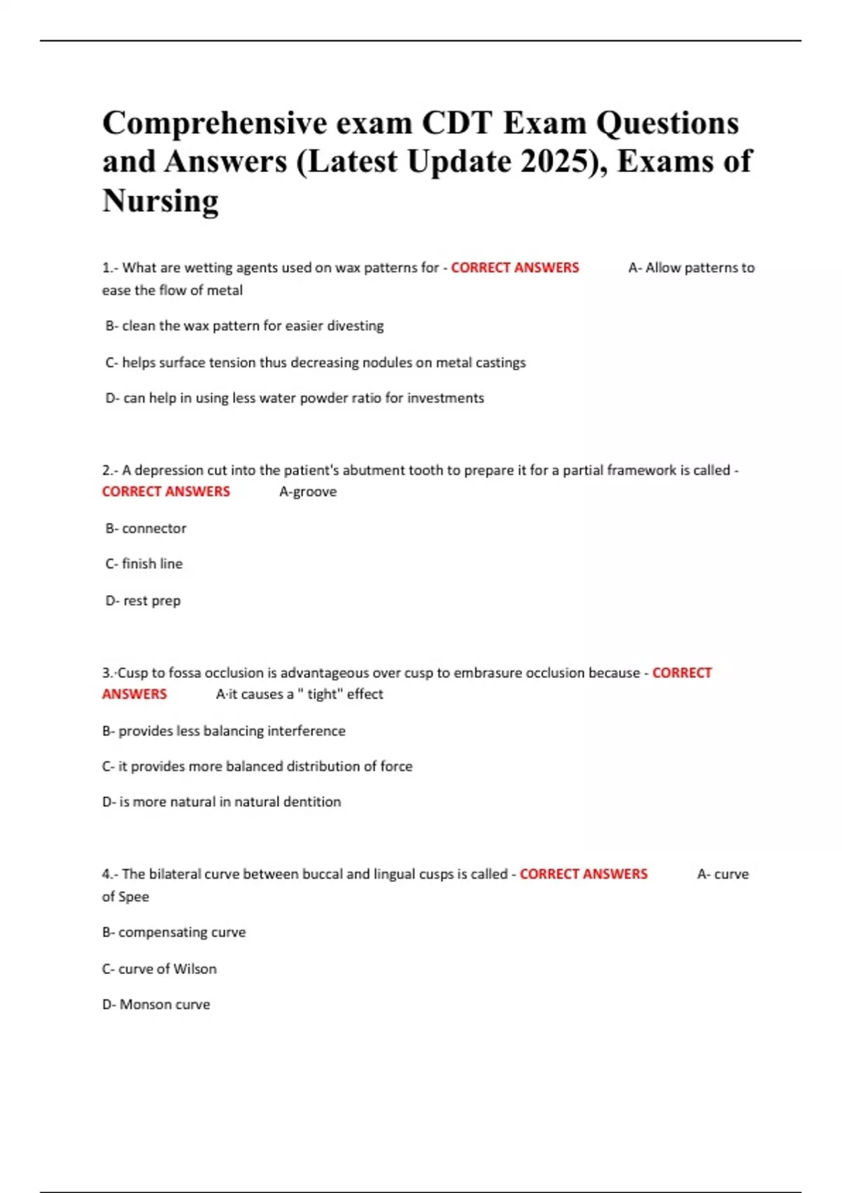 Summary Comprehensive exam CDT Exam Questions and Answers (Latest ...