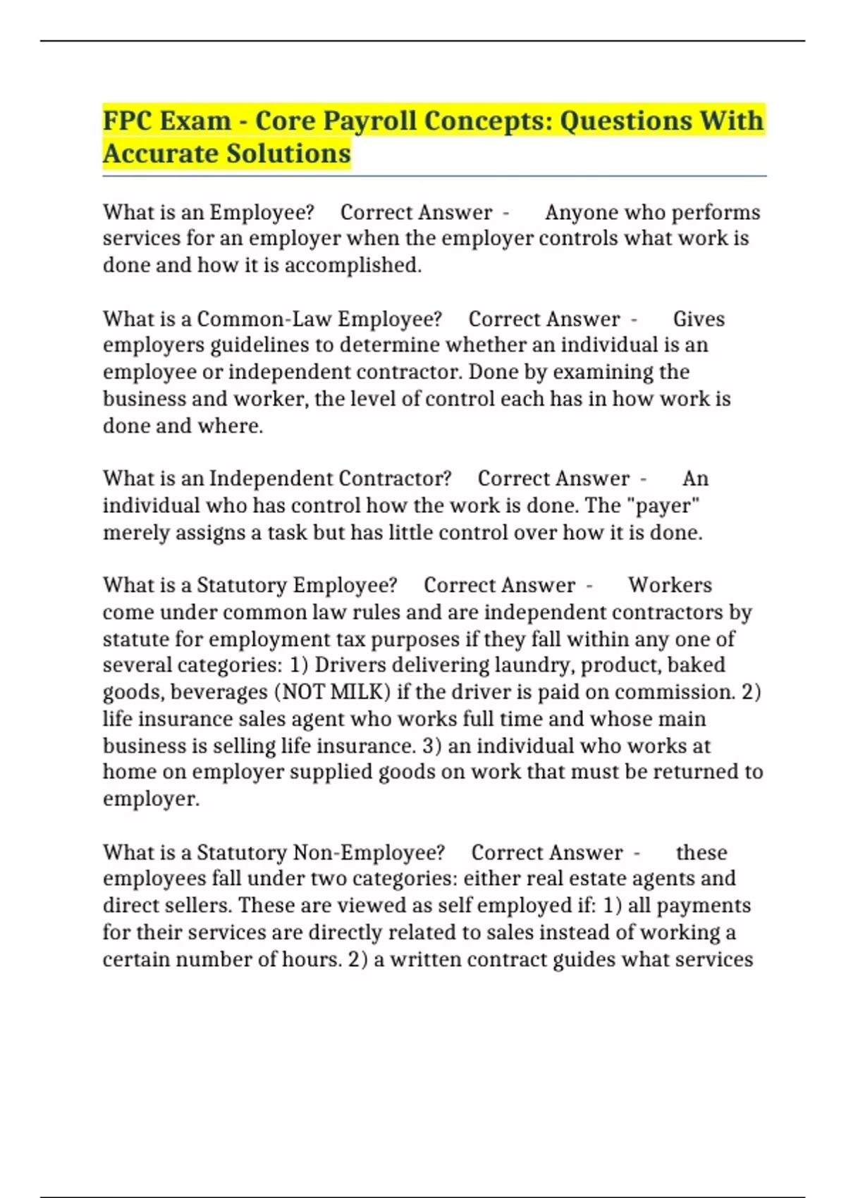Fpc Question FPC Exam - Core Payroll Concepts: Questions With Accurate Solutions ...