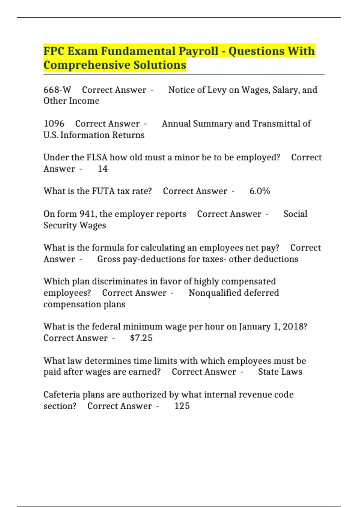 FPC Exam Fundamental Payroll - Questions With Comprehensive Solutions ...
