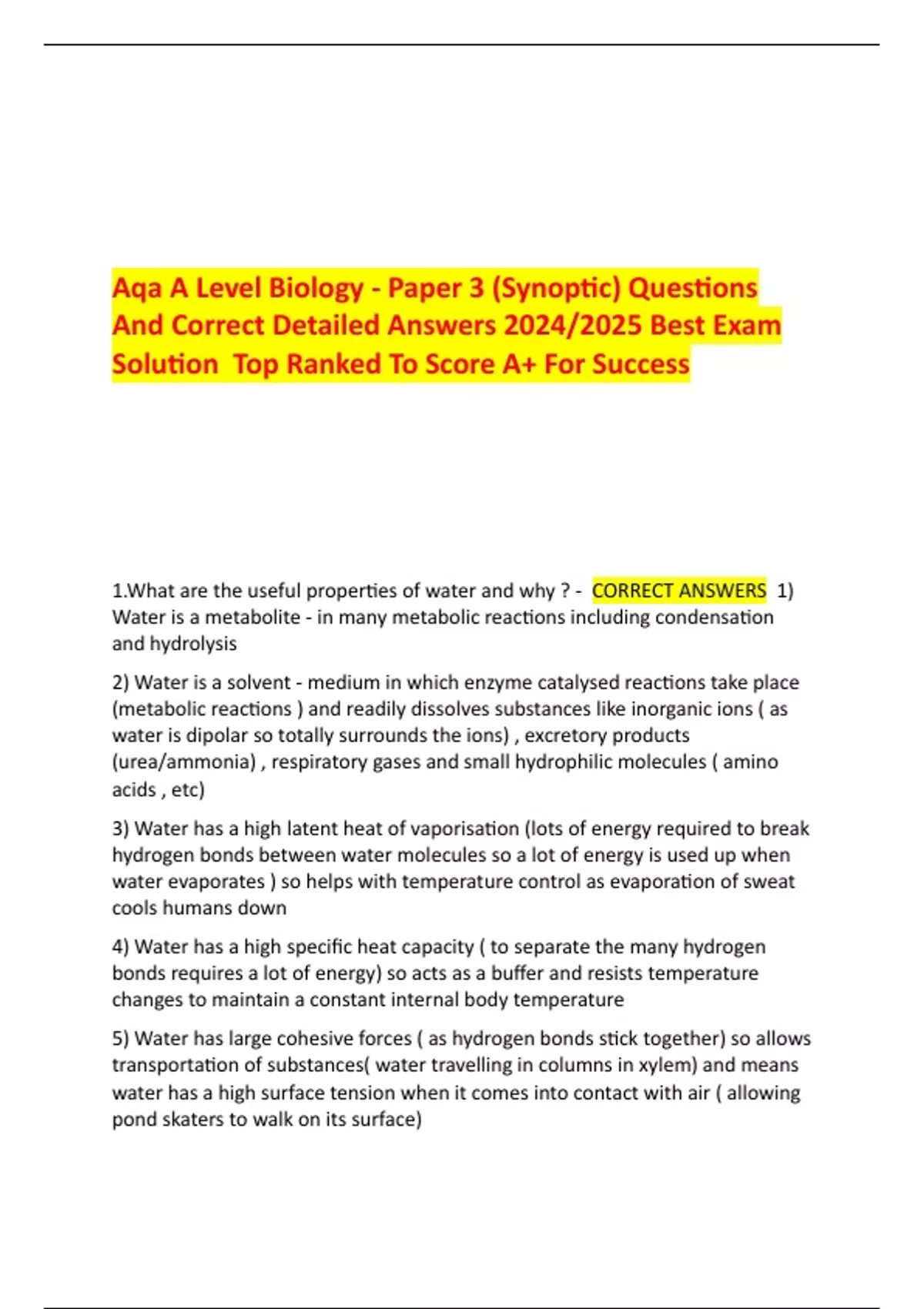 Aqa A Level Biology - Paper 3 (Synoptic) Questions And Correct Detailed ...