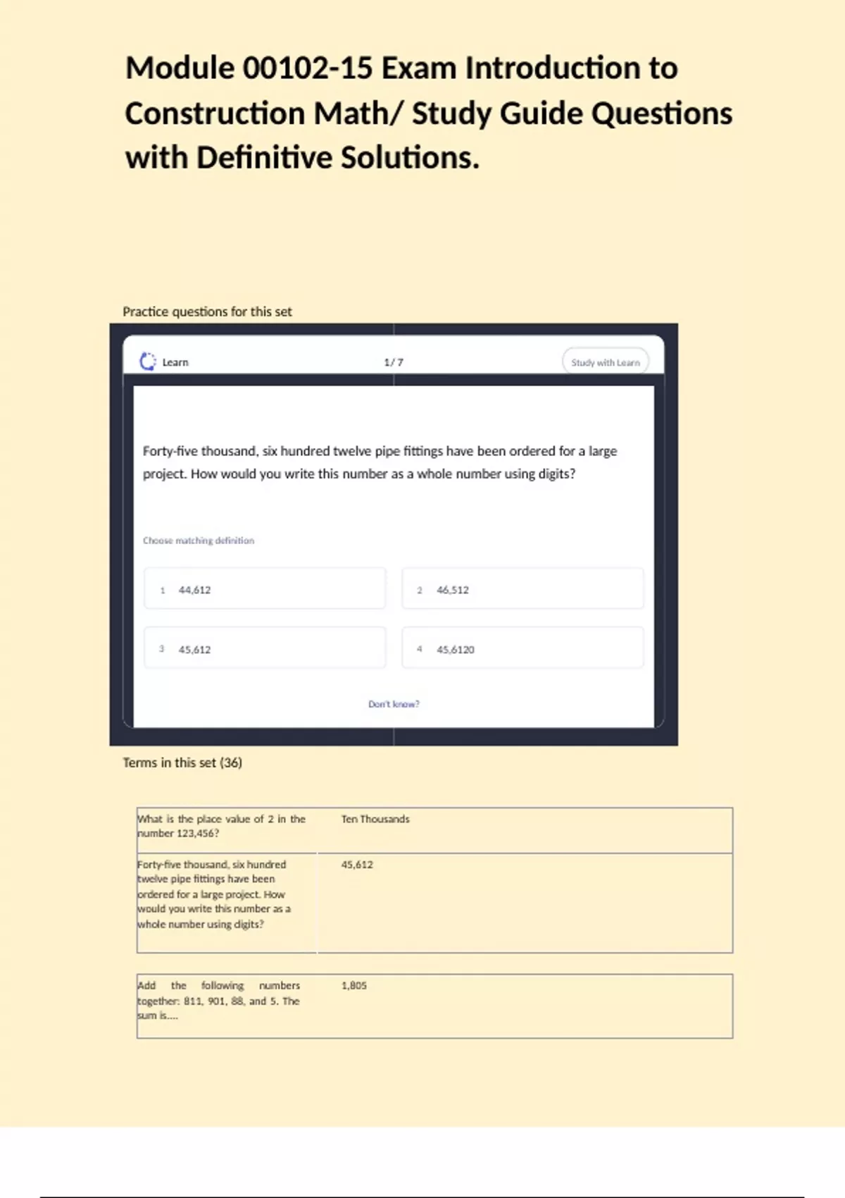 Module 00102-15 Exam Introduction to Construction Math/ Study Guide ...