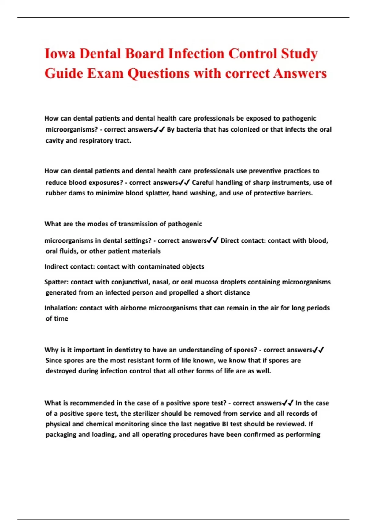 Iowa Dental Board Infection Control Study Guide Exam Questions with ...