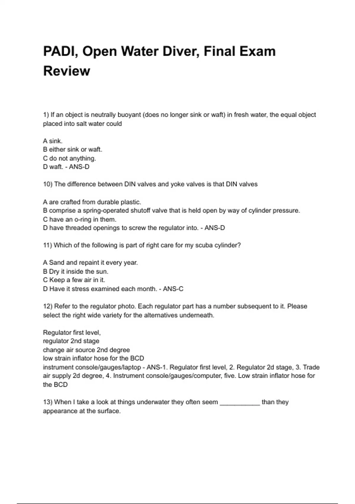 PADI, Open Water Diver, Final Exam Review (2025/2026 NEWEST UPDATE) COMPLETE QUESTIONS AND ...