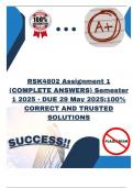 RSK4802 Assignment 1 (COMPLETE ANSWERS) Semester 1 2025 - DUE 29 May 2025;100% CORRECT AND TRUSTED SOLUTIONS