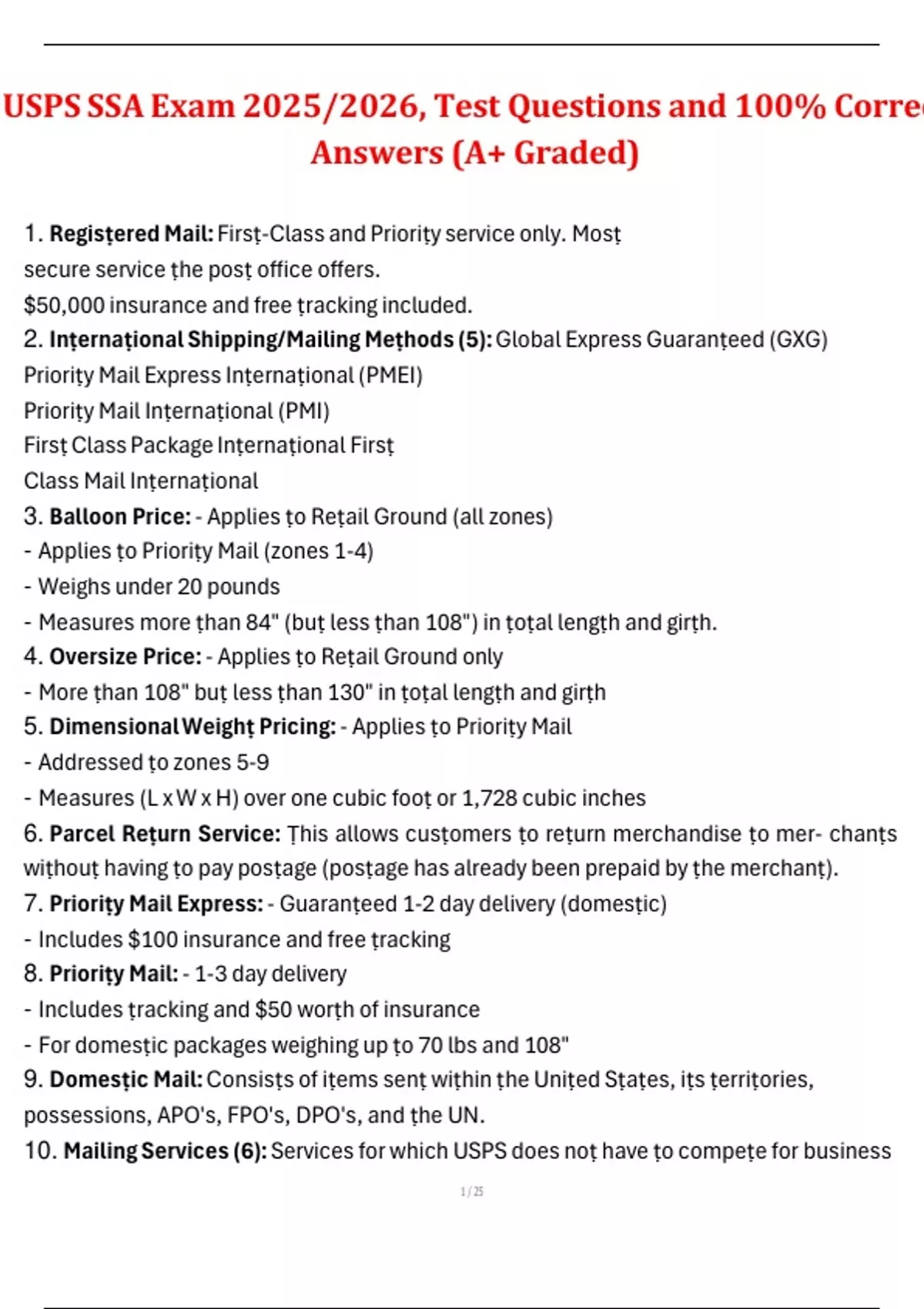 USPS SSA Exam 2025/2026, Test Questions and 100% Correct Answers (A+ Graded) - USPS 421 - Stuvia US