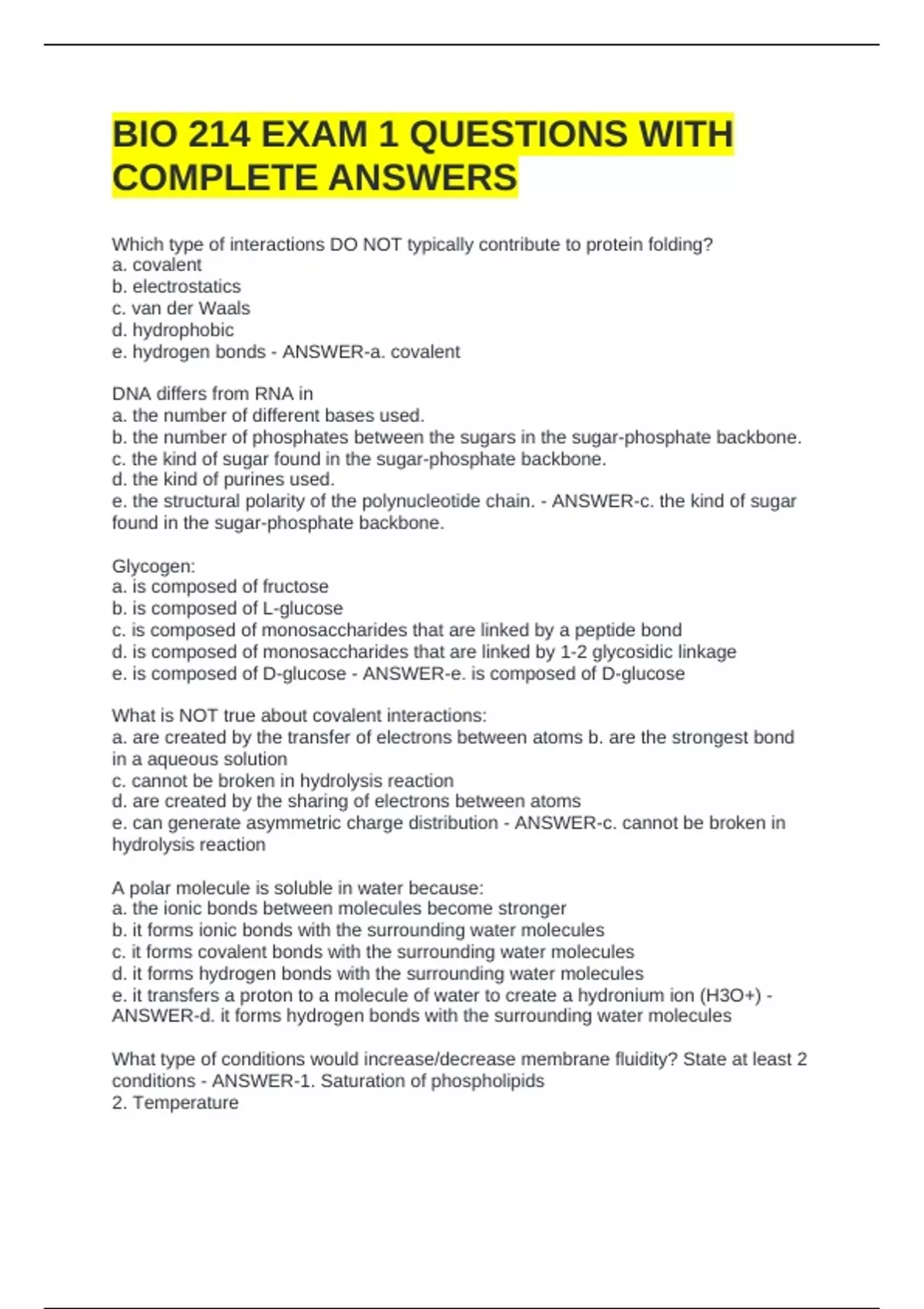 BIO 214 EXAM 1 QUESTIONS WITH COMPLETE ANSWERS - BIO 214 - Stuvia US