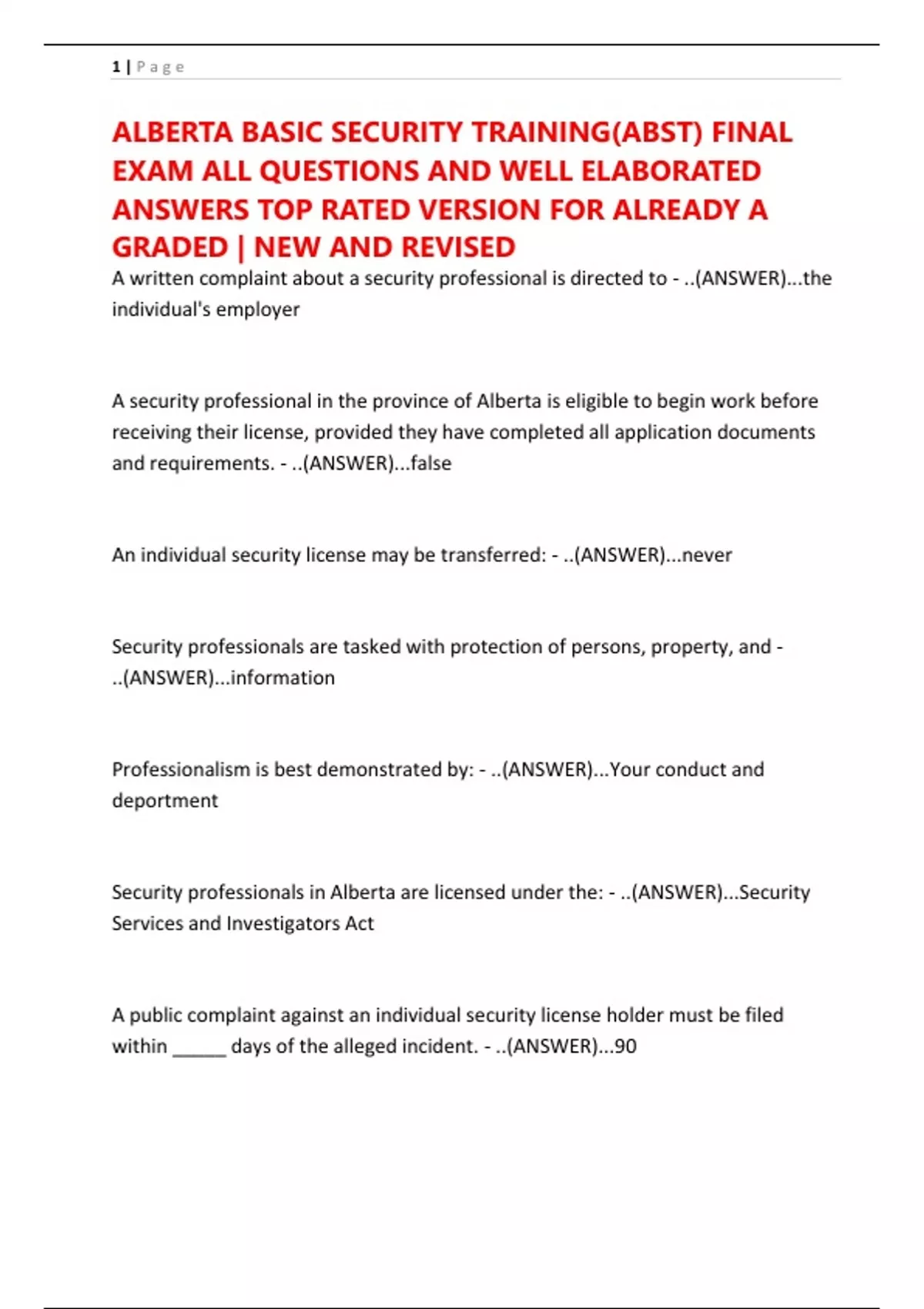 ALBERTA BASIC SECURITY TRAINING(ABST) FINAL EXAM ALL QUESTIONS AND WELL ...
